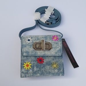 Embroidered flowers turn lock purse / wallet shoulder adjustable strap